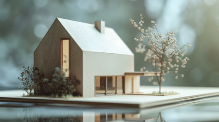 Miniature model of a minimalist house, featuring simple geometric shapes, clean surfaces, and a compact footprint, representing minimalist design principlesの素材