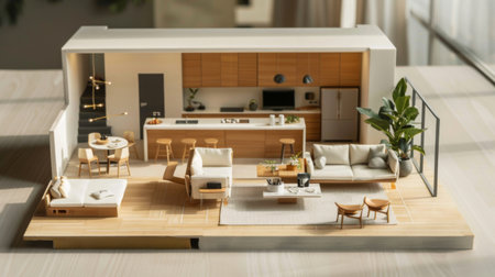 Miniature model of a minimalist apartment, featuring modular furniture, efficient use of space, and minimalist decor, ideal for urban livingの素材