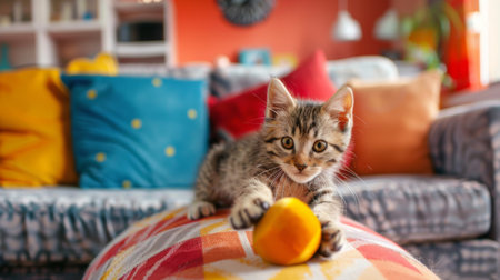 Kitten pouncing on a plush toy in a living room, surrounded by colorful furniture and playful decor, emphasizing a lively home environmentの素材