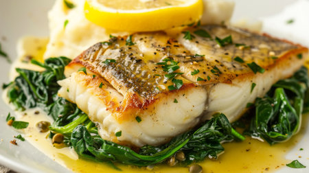 Pan-seared sea bass steak with a lemon caper sauce, served with spinach and garlic mashed potatoes, showcasing elegant seafood cuisineの素材