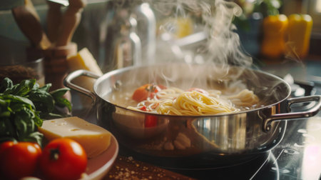 Large pot of pasta boiling on a stovetop, with steam rising and fresh ingredients nearby, ready to be added to the dishの素材