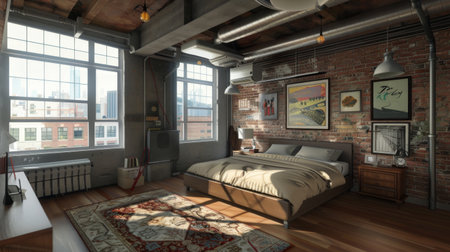 Loft bedroom with industrial-style accents, exposed ductwork, and a platform bed, maximizing space in a modern urban settingの素材