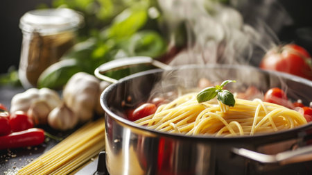 Large pot of pasta boiling on a stovetop, with steam rising and fresh ingredients nearby, ready to be added to the dishの素材