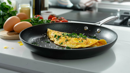 Non-stick skillet with a perfectly cooked omelette, garnished with herbs, set on a stylish kitchen counter with breakfast items aroundの素材