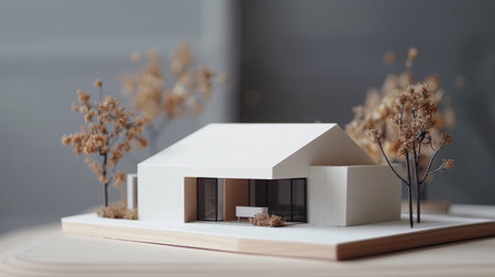Miniature model of a minimalist house, featuring simple geometric shapes, clean surfaces, and a compact footprint, representing minimalist design principlesの素材