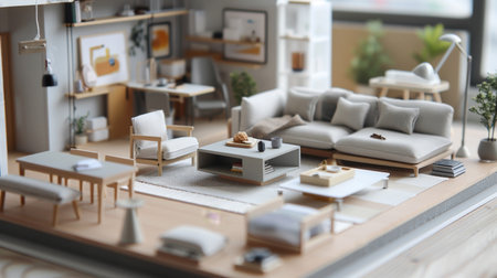 Miniature model of a minimalist apartment, featuring modular furniture, efficient use of space, and minimalist decor, ideal for urban livingの素材