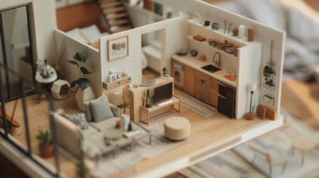 Miniature model of a minimalist studio apartment, featuring multifunctional furniture, clever storage solutions, and minimalist decor, maximizing space in a small footprintの素材