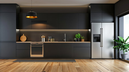 Minimalist kitchen with sleek cabinets, stainless steel appliances, and minimalist decor, creating a clean and functional cooking spaceの素材
