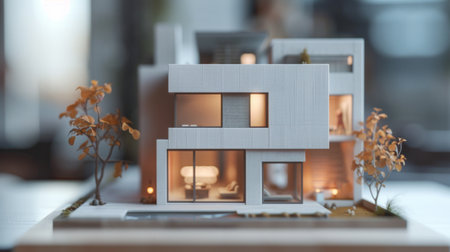 Miniature model of a minimalist townhouse, featuring a compact design, efficient layout, and minimalist architectural elements, ideal for urban livingの素材