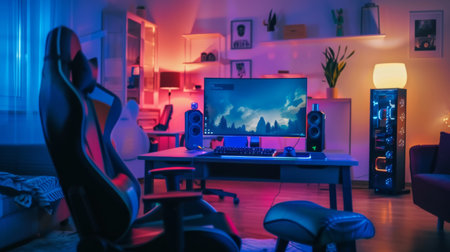 Modern gaming setup with RGB speakers and a gaming chair, highlighting the immersive audio experience essential for gamersの素材