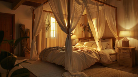 Serene bedroom with a cozy canopy bed, soft bedding, and warm lighting, inviting relaxation and peaceful sleepの素材