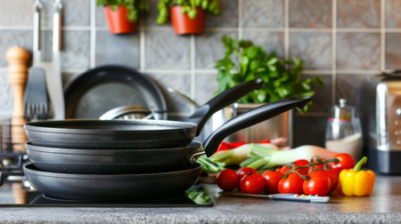 Stack of non-stick frying pans of various sizes on a kitchen counter, with fresh vegetables and cooking utensils nearby, ready for meal preparationの素材