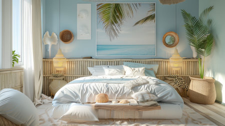 Tranquil beach-themed bedroom with coastal decor, seashell accents, and sandy hues, bringing the relaxed vibes of the seaside indoorsの素材