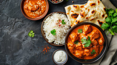 Spicy chicken tikka masala served with naan bread and rice, garnished with fresh cilantro, offering a delightful taste of Indian culinary delightsの素材