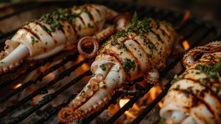 Whole squid stuffed with herbs and spices, grilling over charcoal flames, capturing the essence of outdoor barbecue cooking and seafood feastingの素材