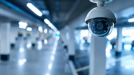 Surveillance camera installed on a ceiling corner, overlooking a parking lot, providing round-the-clock monitoring and deterrence against theft and vandalismの素材