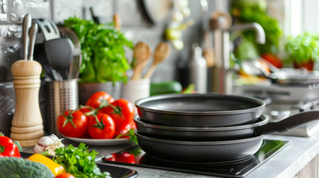 Stack of non-stick frying pans of various sizes on a kitchen counter, with fresh vegetables and cooking utensils nearby, ready for meal preparationの素材