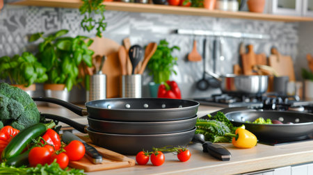 Stack of non-stick frying pans of various sizes on a kitchen counter, with fresh vegetables and cooking utensils nearby, ready for meal preparationの素材