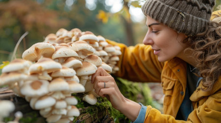 Woman admiring the growth of shimeji mushrooms on logs in her backyard garden, showcasing the ease and beauty of homegrown mushroom cultivationの素材