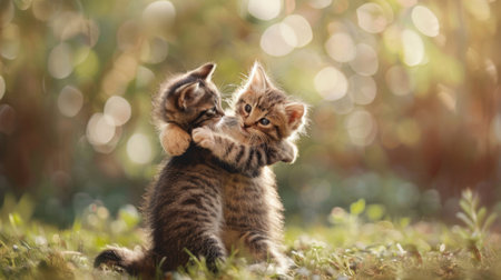 Two kittens wrestling with a soft toy, their playful antics and fluffy fur creating a heartwarming and lively imageの素材