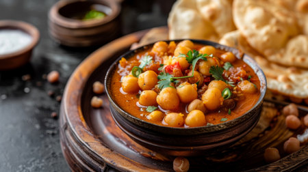 Spicy and tangy chana masala served with fluffy puri bread, offering a satisfying and flavorful vegetarian dish in Indian cuisineの素材