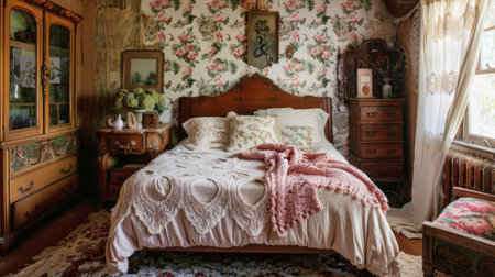 Vintage-inspired bedroom with antique furniture, floral wallpaper, and lace curtains, evoking nostalgia and charmの素材