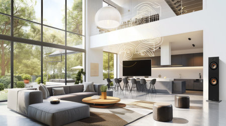 Wireless multi-room speaker system in a modern house, showing speakers in different rooms and the seamless connectivity for whole-home audioの素材