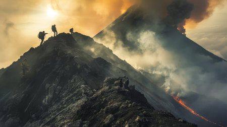 Adventurous mountaineers scaling the rugged slopes of an active volcano, conquering new heights and embracing the challenge of nature's wrathの素材