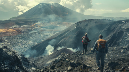 Adventurous hikers ascending the slopes of an active volcano, braving the dangers and marveling at the rugged beauty of the landscapeの素材