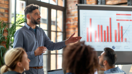 Business analyst pointing to a bar graph during a presentation, explaining key insights and performance metrics to colleagues with confidenceの素材