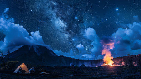 Adventurous travelers camping near an active volcano, witnessing the spectacle of an erupting crater against a backdrop of starry skiesの素材