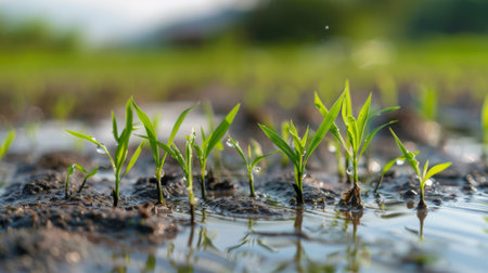 Close-up of rice seedlings being transplanted into flooded paddy fields, marking the beginning of the growth cycle and the promise of future harvestsの素材