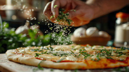Close-up of a hand sprinkling herbs onto a freshly baked pizza, adding the final touch of flavor to the cheesy delightの素材