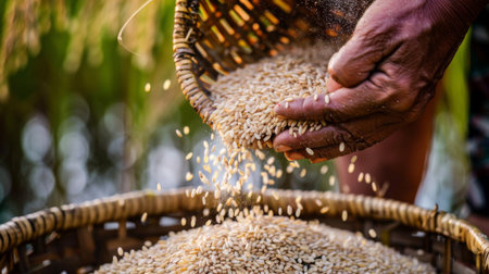 Close-up of rice grains pouring from a farmer's hand into a woven basket, symbolizing the abundance of the harvest season and the rewards of hard workの素材
