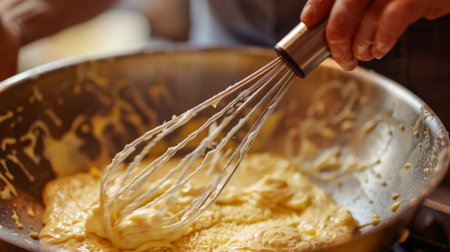Close-up of a hand whisking batter for pancakes, showcasing the simplicity and versatility of breakfast cookingの素材