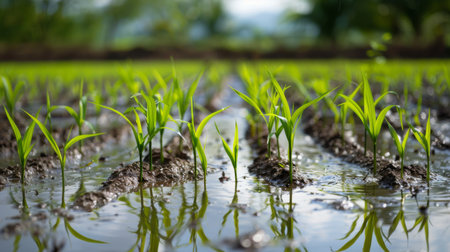 Close-up of rice seedlings being transplanted into flooded paddy fields, marking the beginning of the growth cycle and the promise of future harvestsの素材