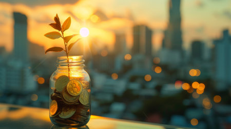 Gold coins and seed in clear bottle on cityscape photo blurred cityscapeの素材