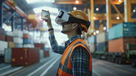 Metaverse Technology. Manager engineer use VR virtual reality goggle analyzingの素材