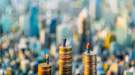 miniature model group of investment standing on coin with city background.の素材
