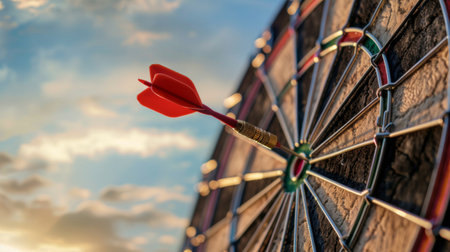 Red dart arrow hit in the target center of dartboardの素材