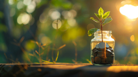 Plant growing from coins outside the glass jar on blurred green natural backgroundの素材
