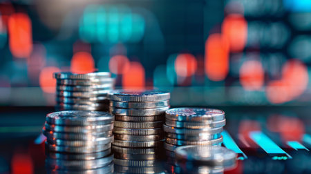 stack of silver coins with trading chart in financialの素材