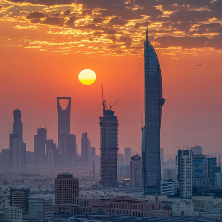 Sunset over large buildings equippedの素材