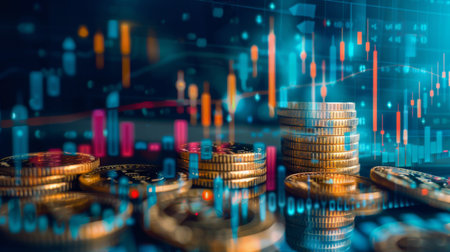 Stock funding or money saving graph with coins. Background for business ideasの素材
