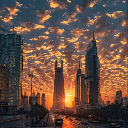 Sunset over large buildings equippedの素材