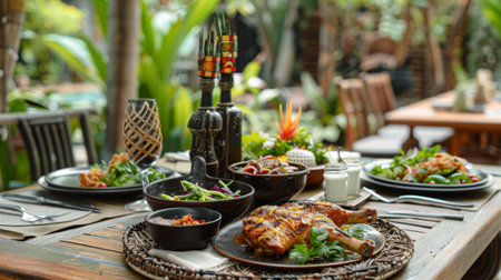 A beautifully set outdoor dining table with a centerpiece of grilled chicken, salads, and traditional Thai condimentsの素材