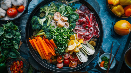 A beautifully arranged Shabu Shabu hot pot, with vibrant vegetables and slices of meat floating in the brothの素材