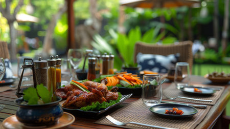 A beautifully set outdoor dining table with a centerpiece of grilled chicken, salads, and traditional Thai condimentsの素材