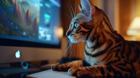 A Bengal cat sitting next to a desktop monitor, with its paw on the mouse, as if browsing the internetの素材