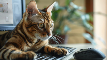 A Bengal cat sitting next to a desktop monitor, with its paw on the mouse, as if browsing the internetの素材